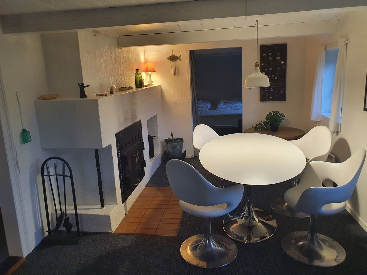 Hyggelig stue med brændeovn i feriehuset